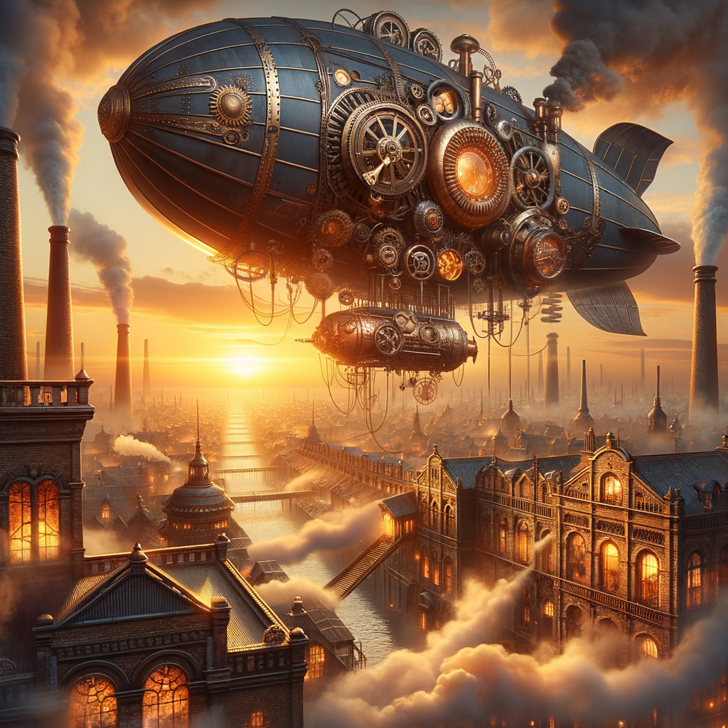 A steampunk airship floating above a Victorian city, with gears, pipes, and steam coming out of it, as the sun sets behind the horizon and casts an orange glow over the industrial city below.