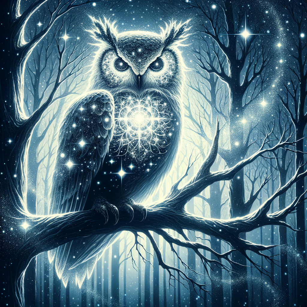 A giant owl with galaxy-filled eyes, perched on a tree branch made of crystal, with stars swirling around its wings as it watches over a mystical forest.