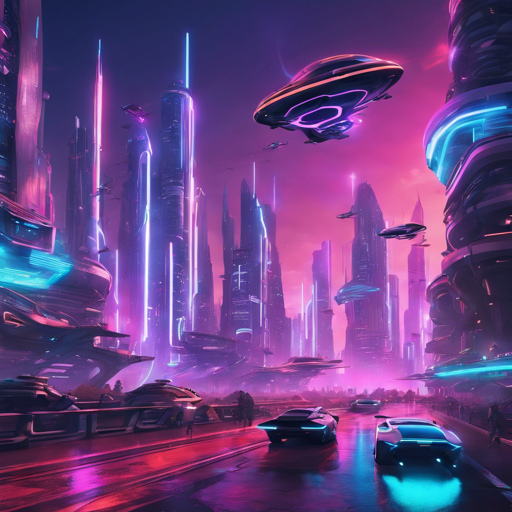 A futuristic city skyline with neon lights and flying cars
