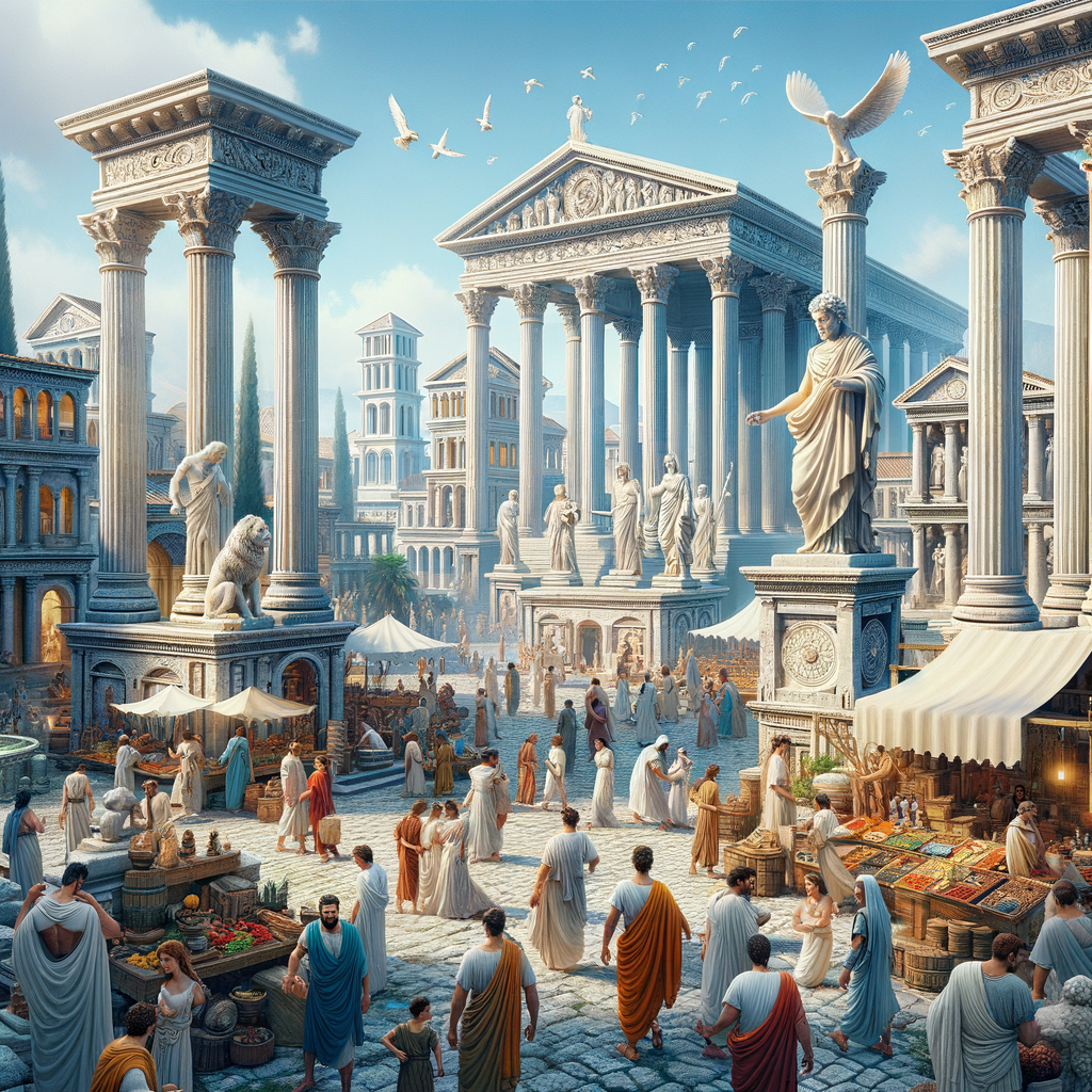 A bustling ancient Roman city with grand temples, marble statues, and a lively marketplace full of citizens in traditional tunics, set against a backdrop of towering columns.