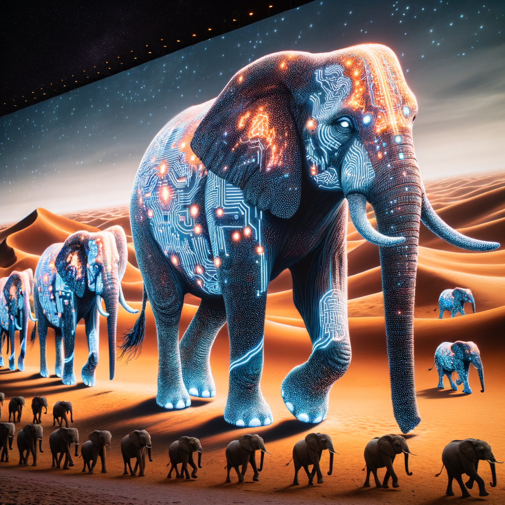 A herd of elephants walking through a vast desert, but instead of regular skin, their bodies are covered in intricate patterns of glowing neon circuits and lights.