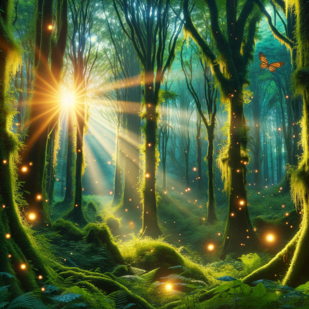 A magical forest at dawn, with tall, ancient trees covered in moss, beams of sunlight piercing through the canopy, and glowing fireflies hovering in the air.