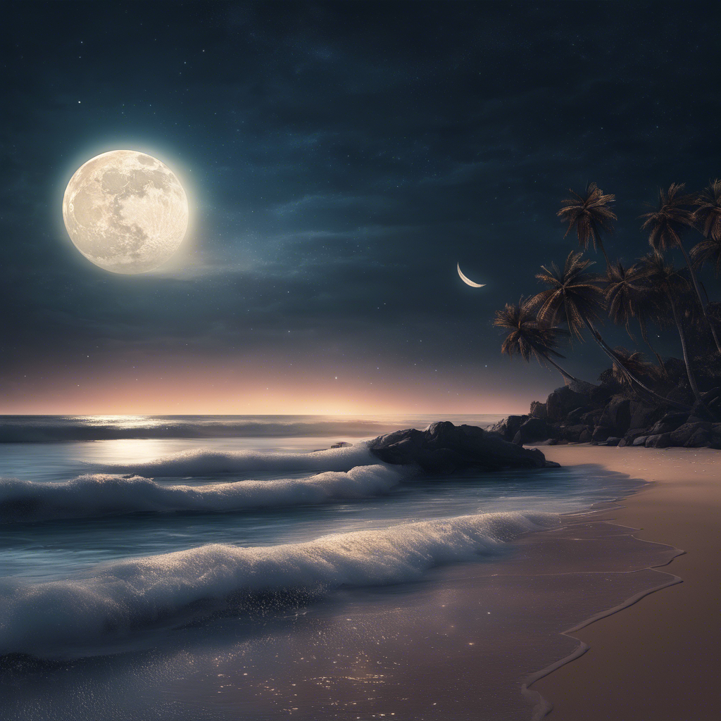 A serene beach at night with glowing waves under the moonlight.