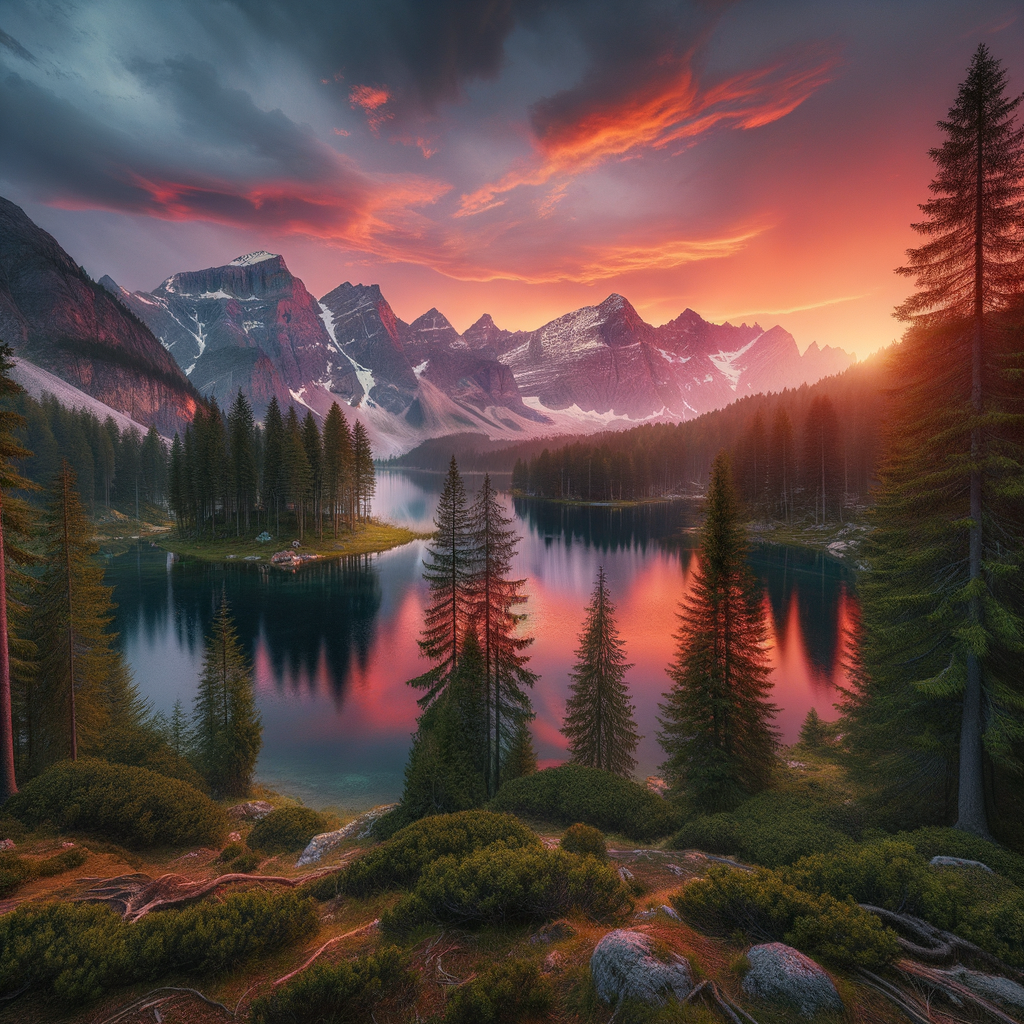 A serene mountain landscape at sunset, with a calm lake reflecting the orange and pink colors of the sky, surrounded by pine trees and snow-capped peaks in the distance.