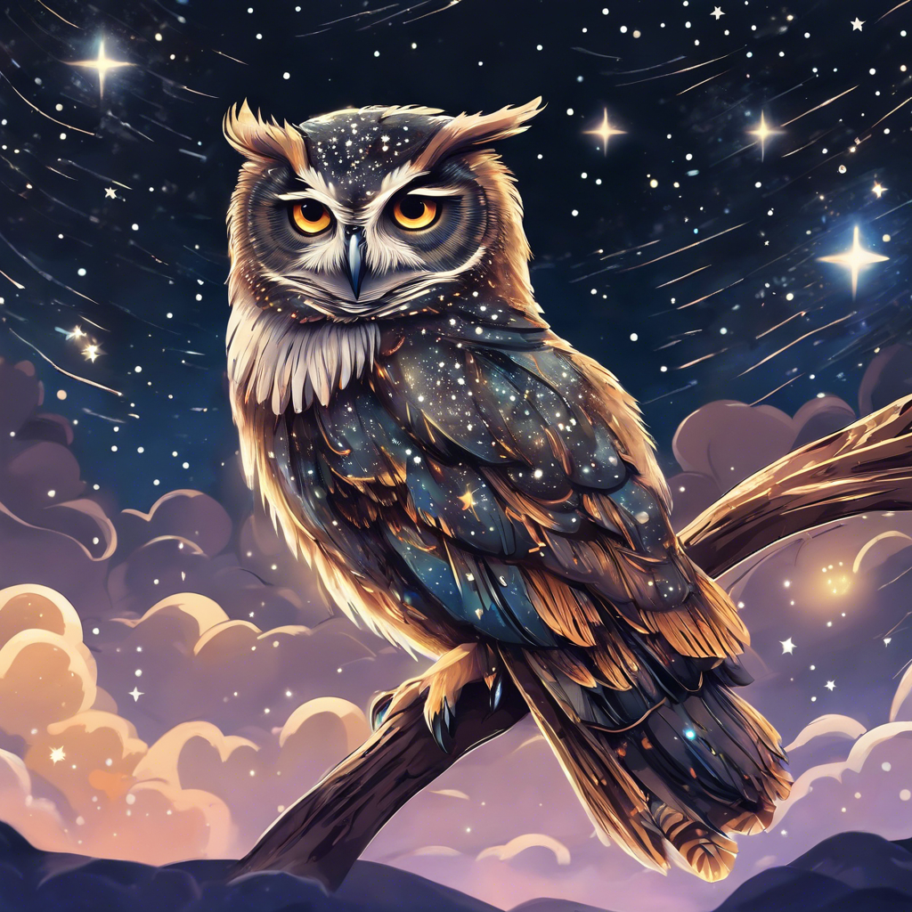An owl with glowing feathers flying under a starry sky