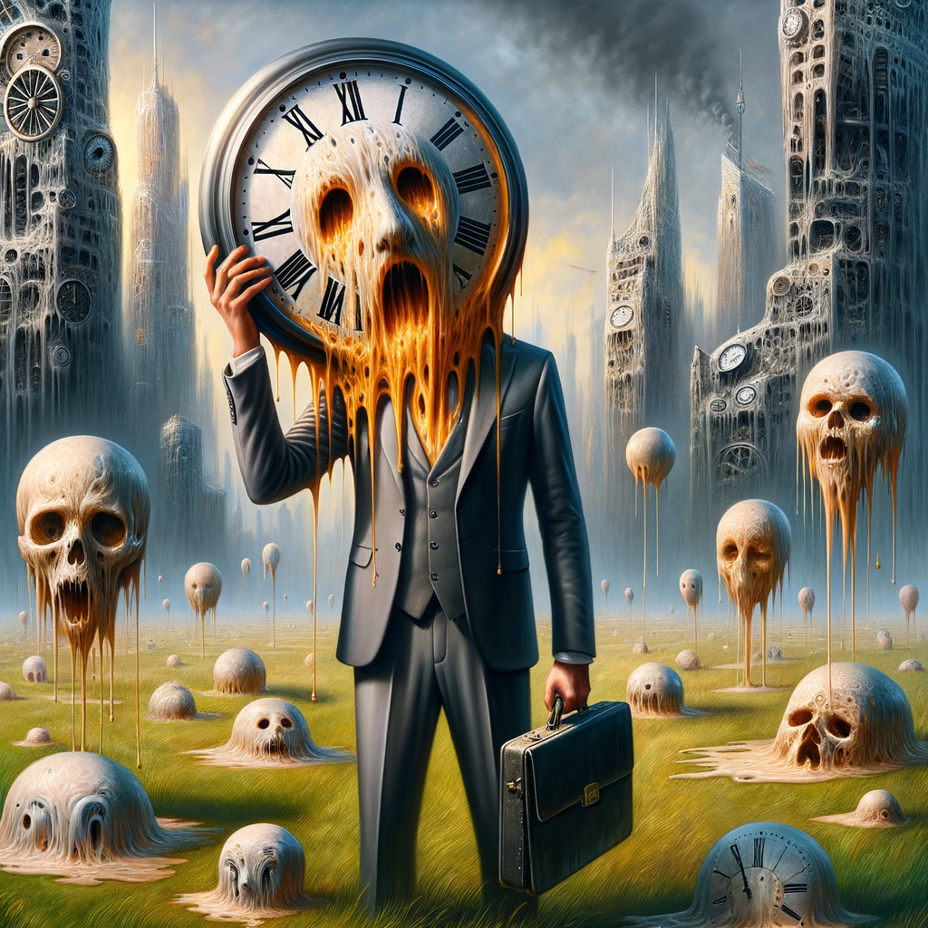 A faceless man in a suit with a giant clock for a head, standing in a field of melting timepieces, with a distorted, dripping skyline in the background.