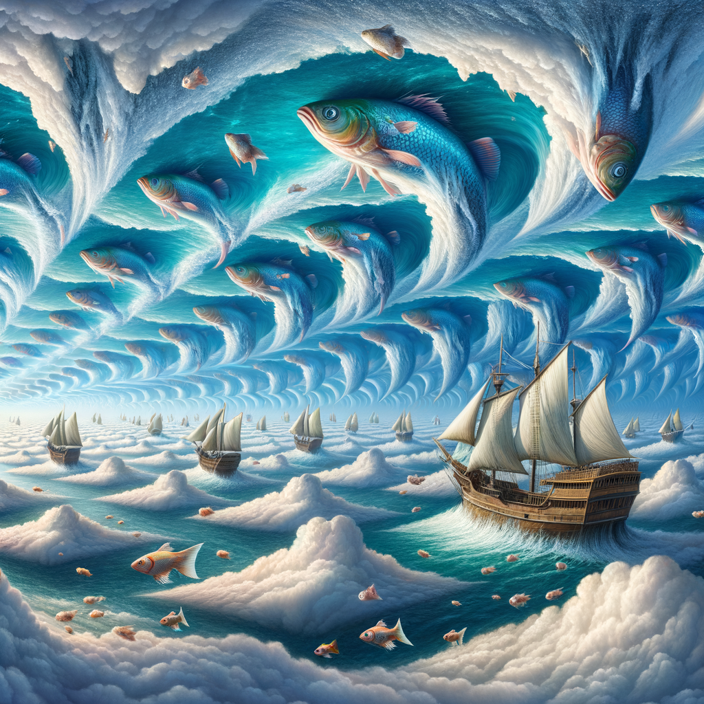 A surreal scene of an upside-down ocean, with fish swimming in the sky and boats floating on the sea of clouds, while the horizon bends unnaturally in all directions