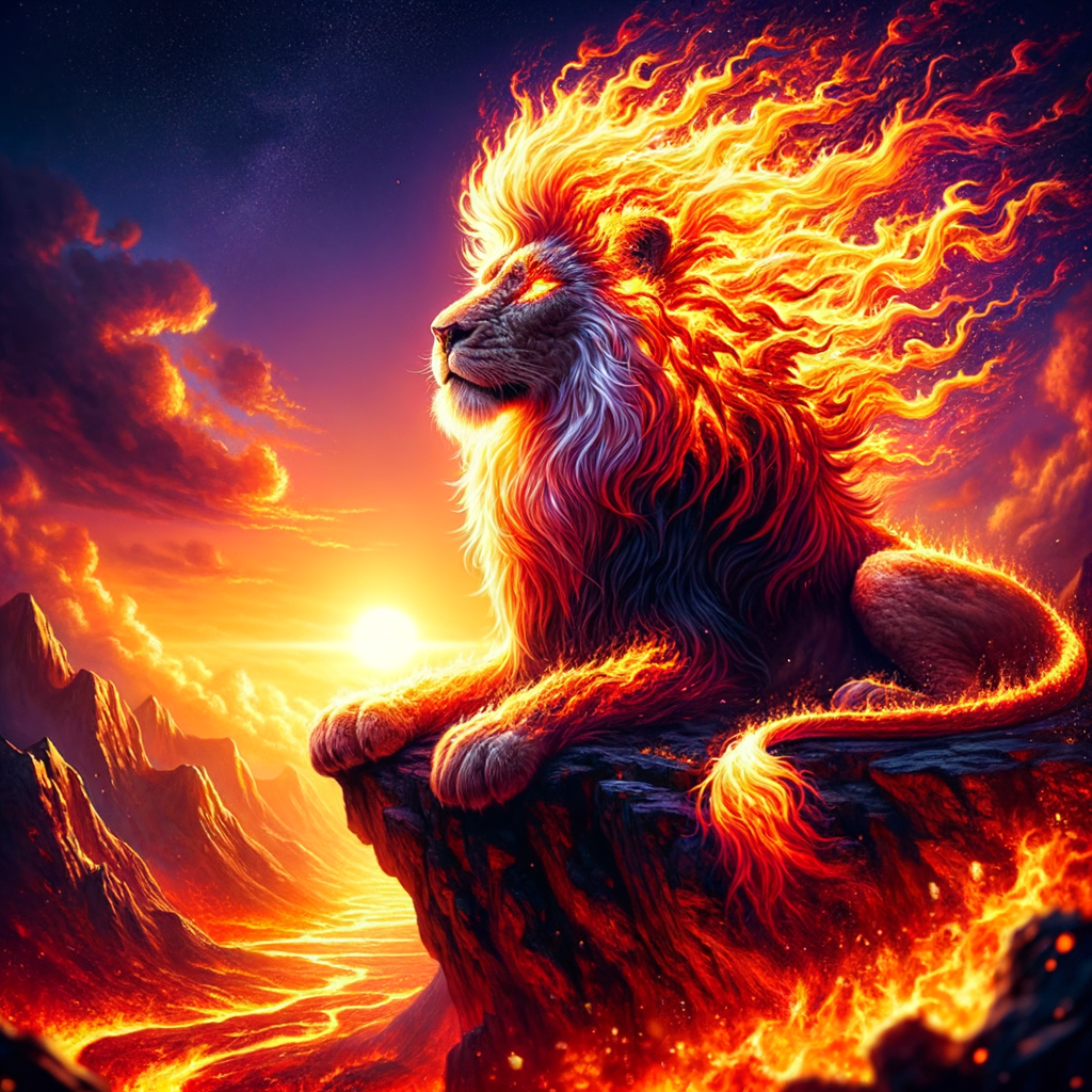 A lion with a mane made of flames, standing proudly on a cliff at sunset, its fiery mane lighting up the sky as it roars, while the ground below glows with molten lava.