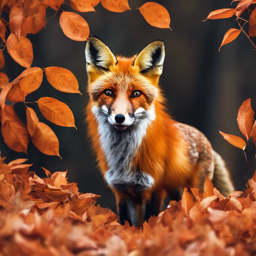 A fox hiding among orange leaves in the fall
