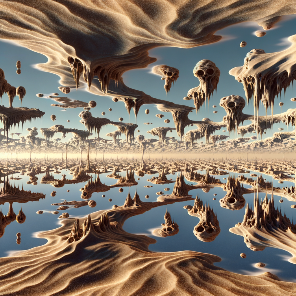 A mirrored desert where the sky is made of water, and the sand below reflects strange, abstract creatures walking upside-down in the sky, creating an endless loop of reflections