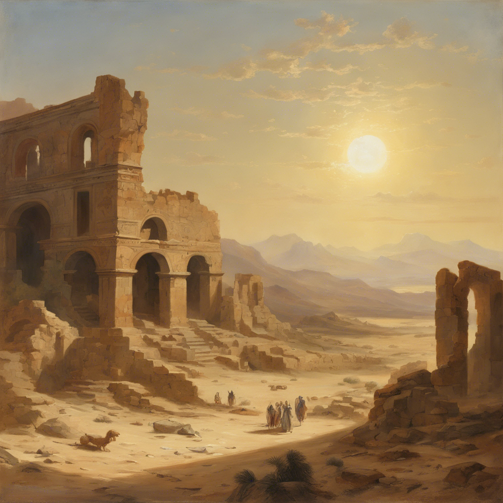 A desert landscape with ancient ruins under a blazing sun