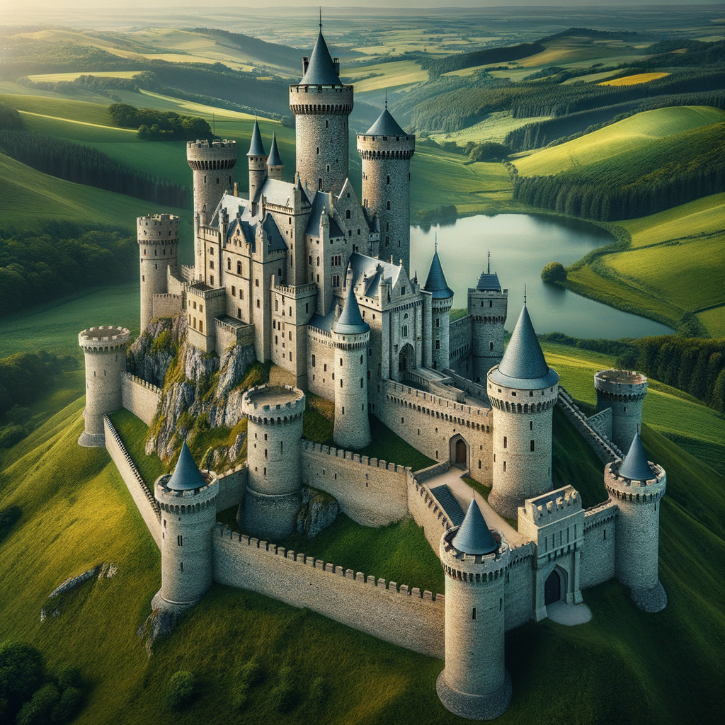 A medieval castle on a hilltop, overlooking a vast green valley, with towers and walls made of gray stone, surrounded by a moat and drawbridge.