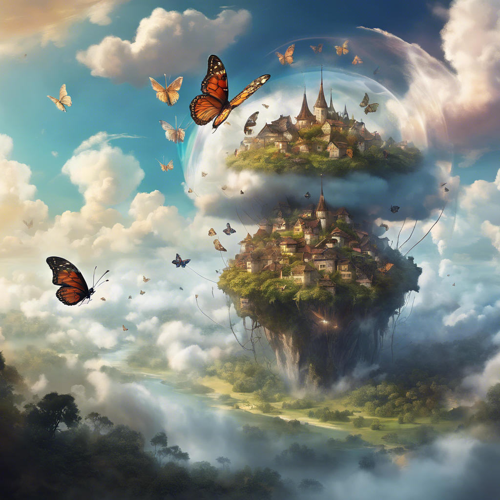 A floating island in the clouds, where enormous butterflies with translucent wings carry entire villages on their backs, their wings shimmering in iridescent colors.