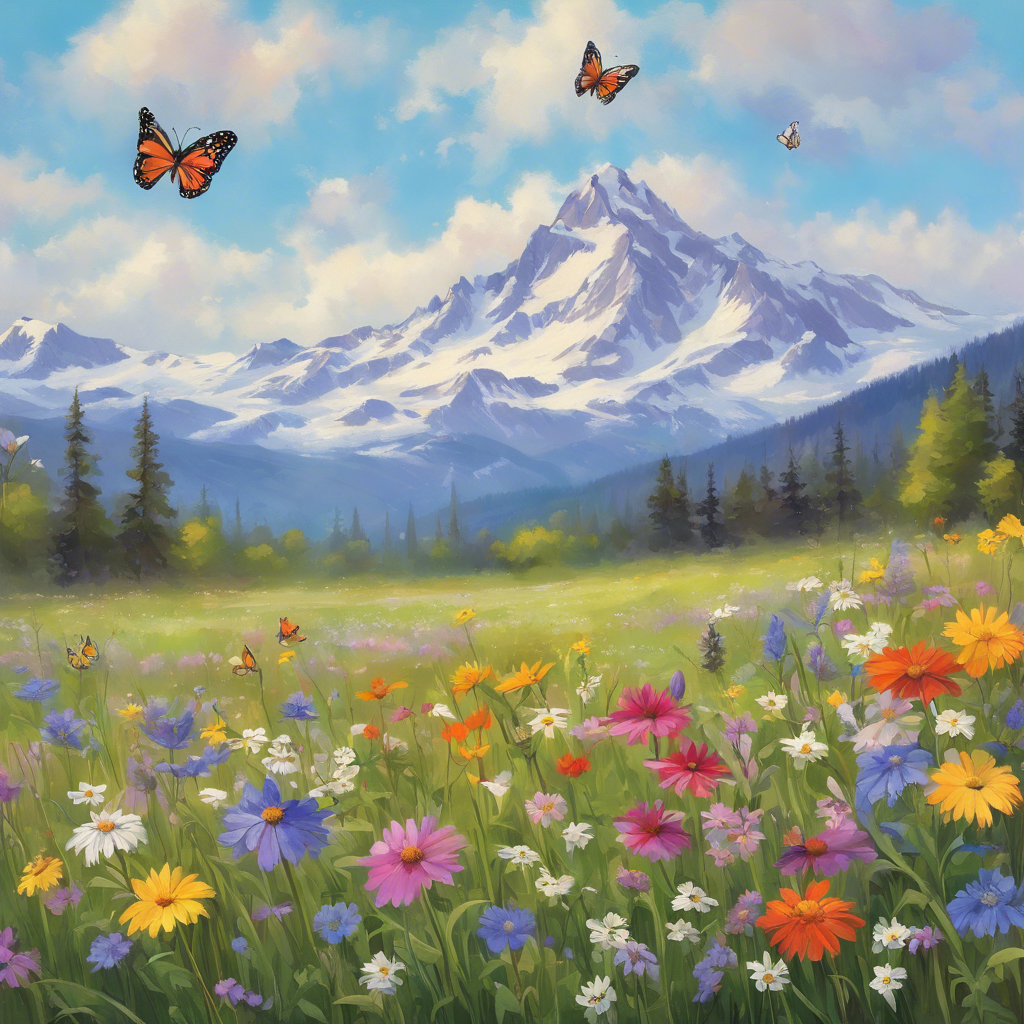 A breathtaking meadow in spring, filled with vibrant wildflowers in every color imaginable, with butterflies dancing between the blooms. A gentle breeze moves the tall grass, and in the background, a majestic snow-capped mountain towers over the peaceful scene.