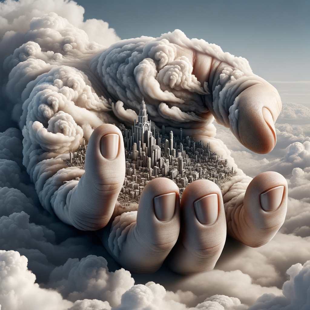 A giant hand reaching down from the sky, holding a tiny, fully formed city in its palm, with clouds swirling around the fingers as if the hand is part of the sky itself.