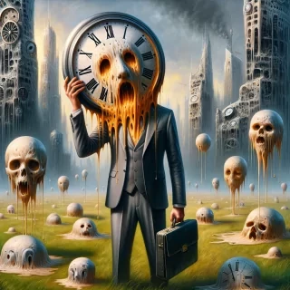 A faceless man in a suit with a giant clock for a head, standing in a field of melting timepieces, with a distorted, dripping skyline in the background.