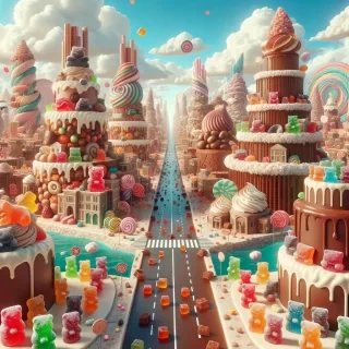 A city made of candy and desserts, where the buildings are giant cakes, streets are rivers of chocolate, and gummy bears walk around like people under cotton candy clouds.