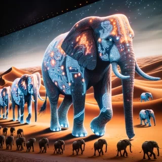 A herd of elephants walking through a vast desert, but instead of regular skin, their bodies are covered in intricate patterns of glowing neon circuits and lights.