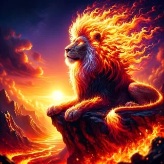 A lion with a mane made of flames, standing proudly on a cliff at sunset, its fiery mane lighting up the sky as it roars, while the ground below glows with molten lava.