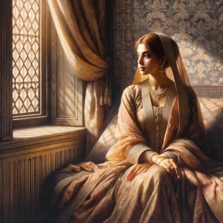A classical Renaissance-style painting of a woman in an elegant gown, sitting beside a window with soft sunlight illuminating her face, surrounded by rich fabrics and detailed patterns.