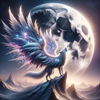 A wolf with wings made of feathers and stars, howling at the moon which is abnormally large and close, casting soft, glowing light across a dreamlike landscape.