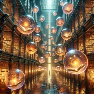 An endless library where books float in mid-air, and the pages turn by themselves, with invisible readers pulling knowledge from glowing orbs that hover between the shelves.