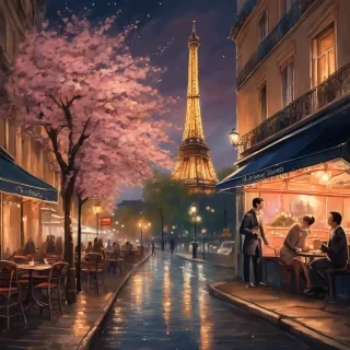 A romantic evening scene in Paris, with the Eiffel Tower illuminated against the night sky. The streets are lined with softly glowing street lamps and quaint cafes, while a couple strolls along the Seine River under a canopy of cherry blossoms in full bloom.