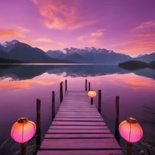 A serene sunset over a tranquil lake, where the sky is painted in shades of pink, orange, and lavender, with mountains reflecting perfectly on the calm water. In the foreground, a single wooden dock stretches out over the lake, surrounded by soft, glowing lanterns.