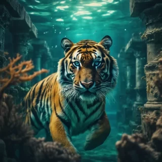 A majestic tiger swimming gracefully through an underwater city, its stripes glowing in the dark waters, while ancient ruins of human structures are overgrown with coral and seaweed.