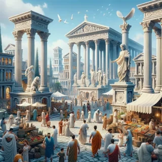 A bustling ancient Roman city with grand temples, marble statues, and a lively marketplace full of citizens in traditional tunics, set against a backdrop of towering columns.