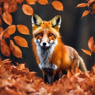 A fox hiding among orange leaves in the fall