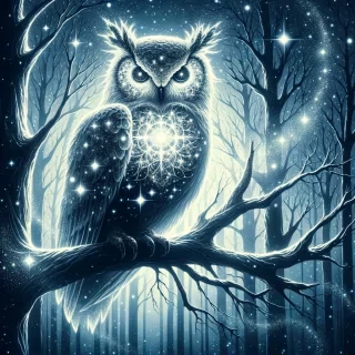 A giant owl with galaxy-filled eyes, perched on a tree branch made of crystal, with stars swirling around its wings as it watches over a mystical forest.