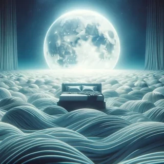 A dreamlike scene of a floating bed in the middle of an ocean, where the waves are made of soft, flowing fabric and the moon is abnormally large and close in the sky.