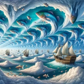 A surreal scene of an upside-down ocean, with fish swimming in the sky and boats floating on the sea of clouds, while the horizon bends unnaturally in all directions