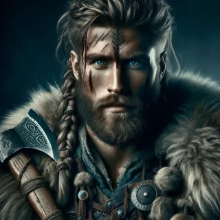 A detailed portrait of a fierce Viking warrior with braided hair and a battle-worn face, wearing a fur cloak and holding a massive axe, with a determined expression in his eyes.