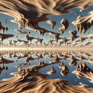 A mirrored desert where the sky is made of water, and the sand below reflects strange, abstract creatures walking upside-down in the sky, creating an endless loop of reflections