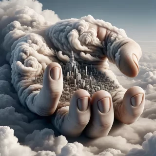 A giant hand reaching down from the sky, holding a tiny, fully formed city in its palm, with clouds swirling around the fingers as if the hand is part of the sky itself.