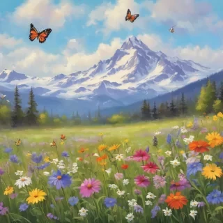 A breathtaking meadow in spring, filled with vibrant wildflowers in every color imaginable, with butterflies dancing between the blooms. A gentle breeze moves the tall grass, and in the background, a majestic snow-capped mountain towers over the peaceful scene.