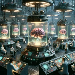 A strange futuristic laboratory where scientists are examining floating brains encased in glass, with bizarre machinery and blinking lights filling the room.