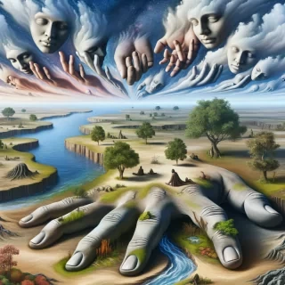 A landscape where giant, human hands emerge from the earth, holding islands, rivers, and trees in their palms, with the sky above filled with shifting, translucent faces.