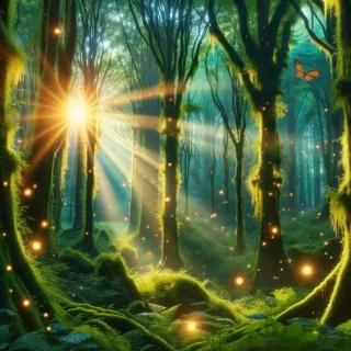 A magical forest at dawn, with tall, ancient trees covered in moss, beams of sunlight piercing through the canopy, and glowing fireflies hovering in the air.