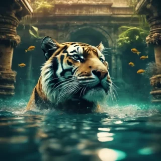 A majestic tiger swimming gracefully through an underwater city, its stripes glowing in the dark waters, while ancient ruins of human structures are overgrown with coral and seaweed.