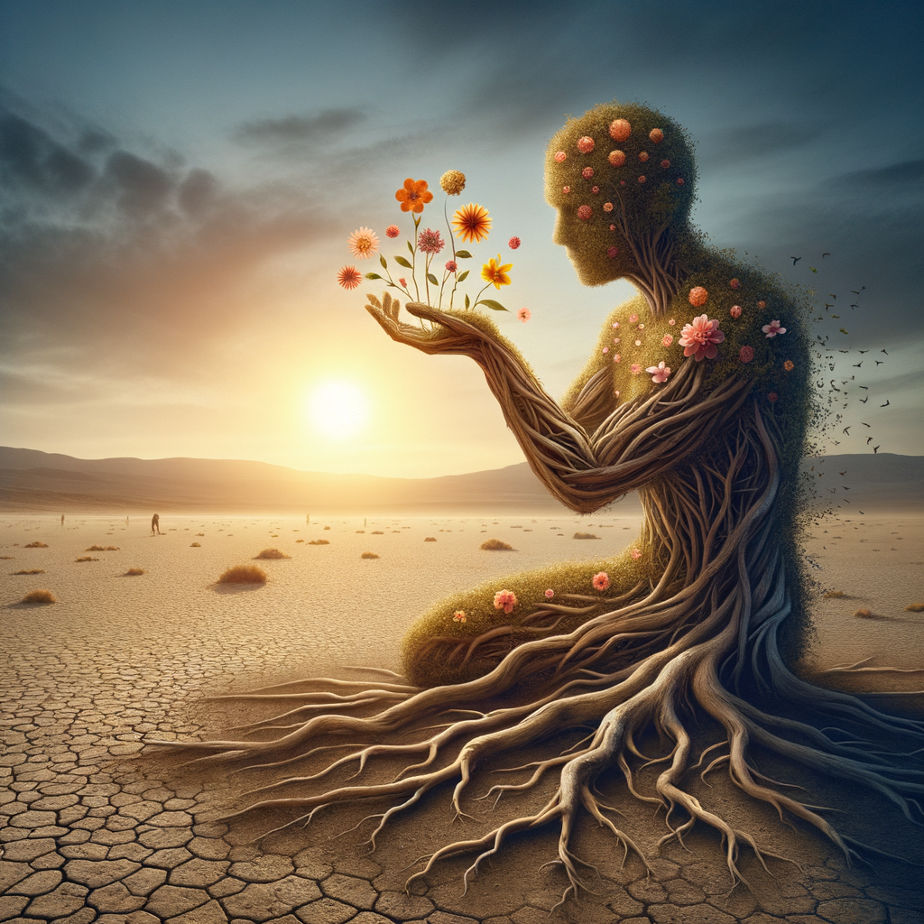 A human figure made entirely of tree roots and branches, standing in a barren desert, with flowers growing from their fingertips and a glowing sun setting in the distance.