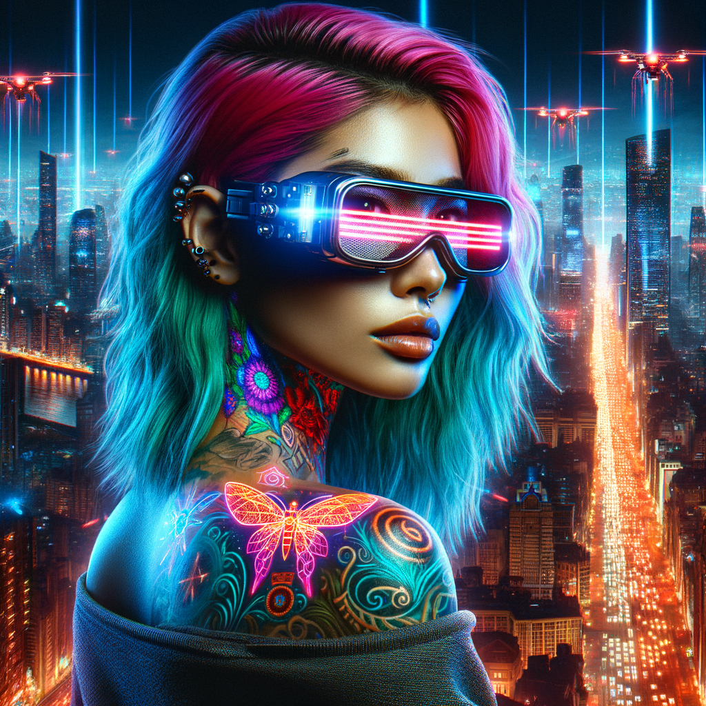 A cyberpunk-style portrait of a woman with neon tattoos, wearing futuristic goggles, with bright blue and pink hair, and the city lights of a high-tech metropolis in the background.