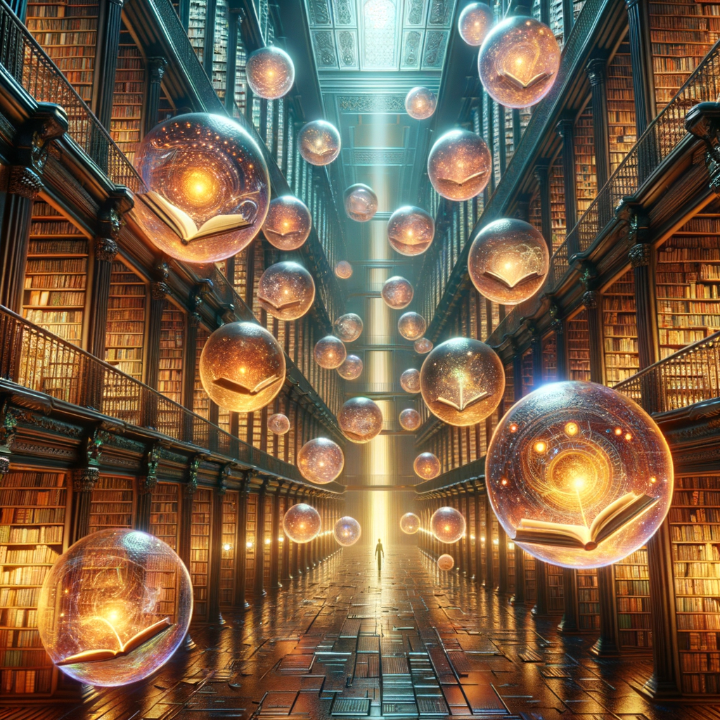 An endless library where books float in mid-air, and the pages turn by themselves, with invisible readers pulling knowledge from glowing orbs that hover between the shelves.